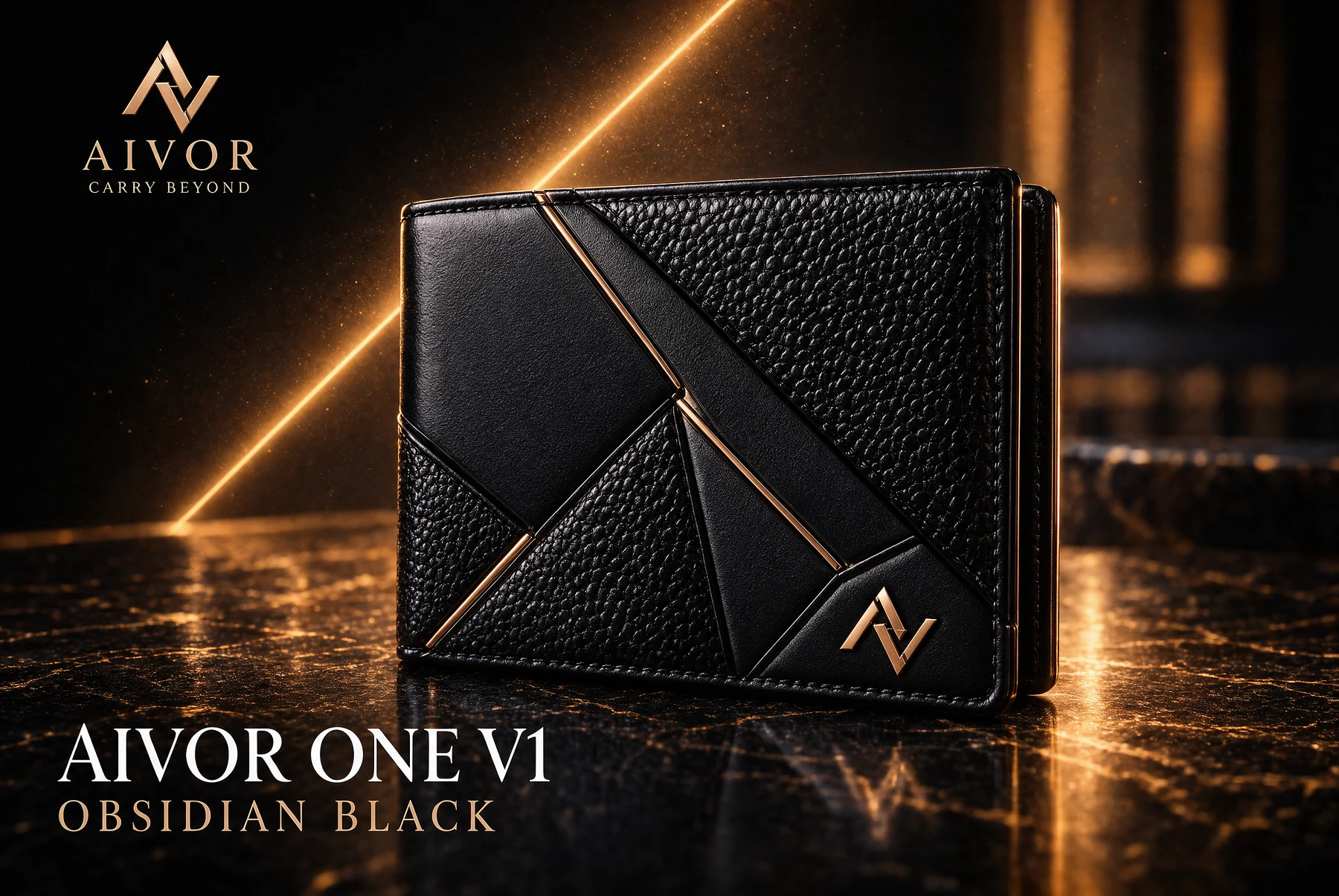 AIVOR ONE exterior: smooth and pebbled black leather panels divided by a thin champagne piping line