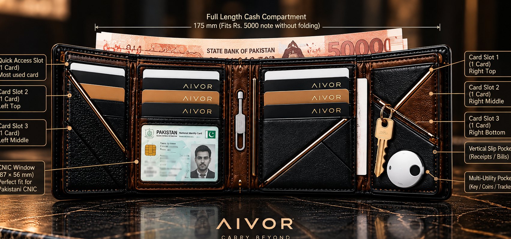 AIVOR ONE open interior: card slots, an identity window and a cash compartment.