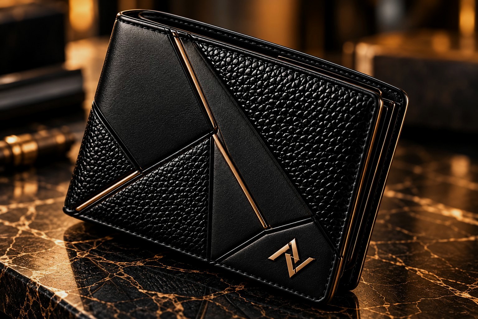 AIVOR ONE concept render: an obsidian wallet with a champagne line on dark marble.